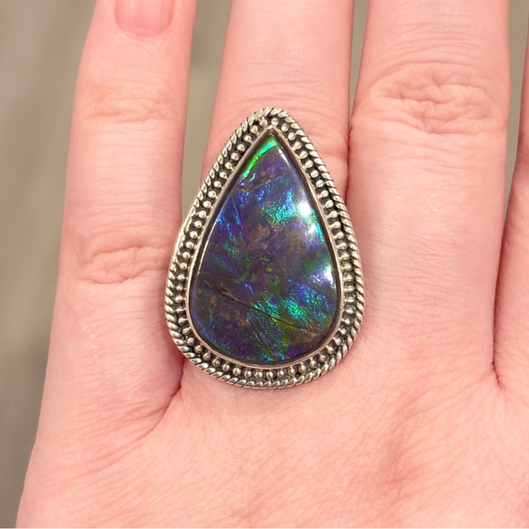Vintage Sterling Large Blue Ammolite Ring, Triangle Doublet Adjustable Band